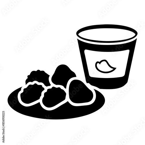 Simple black silhouette illustration of chicken nuggets with dip on white background, showing plate of crispy fried chicken nuggets with dip container.