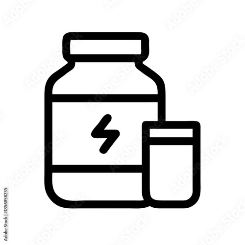 Protein shake bottle icon with lightning symbol, representing energy and workout power. Protein shake bottle shown with serving glass, indicating precise dosage.