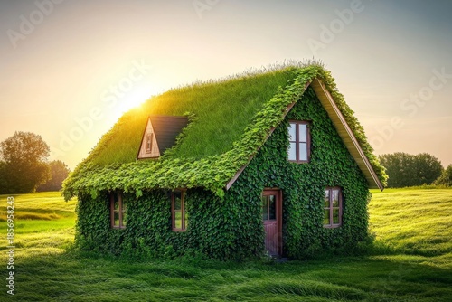 Small house covered with green plants and a grass roof in an open meadow during soft sunlight in a rural landscape