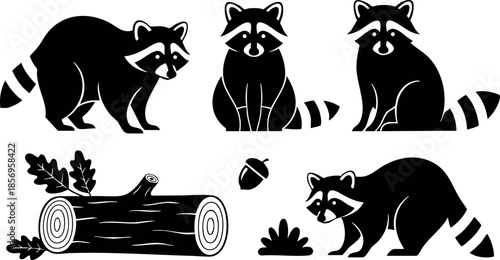 Raccoons with log acorn and leaves black silhouette vector illustration 
