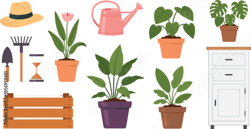 Garden and houseplant vector set featuring potted indoor plants, monstera, watering can, gardening tools, wooden crate, sun hat, and white cabinet for home decor projects.
