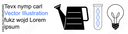 Gardening, innovation, creativity, sustainability, science education, technology. Black watering can, DNA test tube bright light bulb. Gardening and innovation concept