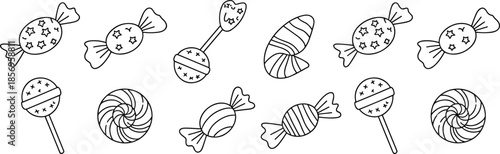 Cute Candy and Sweet Desserts Outline Icon Set Featuring Lollipops, Wrapped Candies, Chocolates for Kids, Party, Coloring Book, Bakery, and Food Design