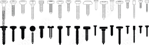 Screw and Nail Silhouette Icon Set – Line and Solid Style Fasteners for Construction, Woodworking, DIY Projects, and Mechanical Design Use