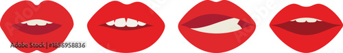 Red Lips Expression Icon Set – Stylized Mouth Shapes Showing Phonemes, Emotions, and Speech Movements for Linguistics, Animation, or Design Use