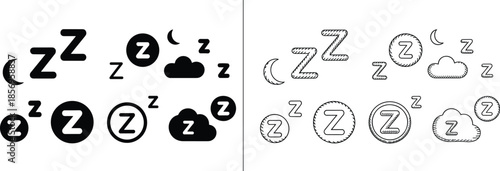 Sleep and Night Symbols Icon Set Featuring Zzz Letters, Moon and Clouds in Solid and Outline Styles for Rest, Dream, Relax Concepts