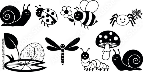Snail ladybug bee spider dragonfly mushroom caterpillar insect collection vector illustration 