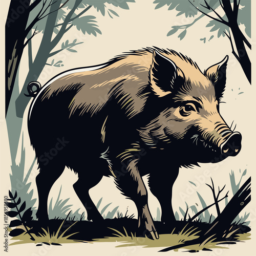 vector image of a wild boar in the forest