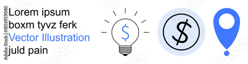 Finance, innovation, navigation, economy, business strategy, monetary ideas. Lightbulb with dollar sign, coin symbol and location pin. Finance and innovation concept