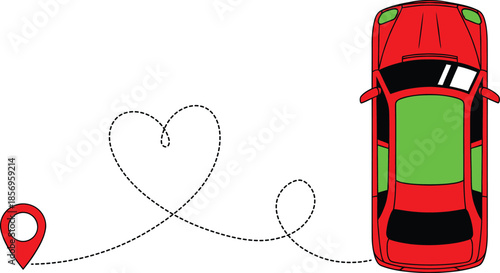 Heart-shaped route to red car illustration