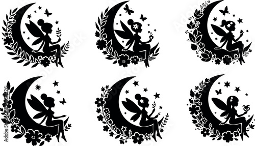 Fairy Sitting on Crescent Moon with Flowers and Stars Silhouette Vector Illustration Set 
