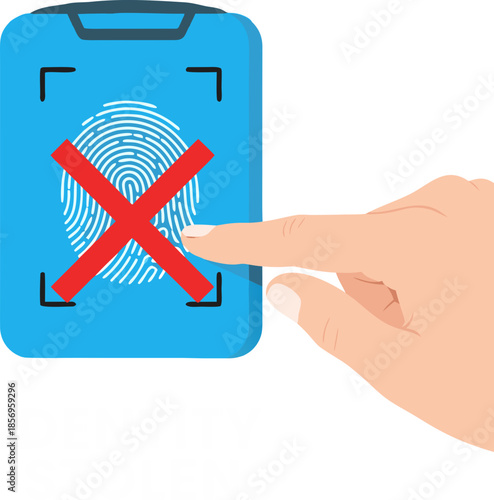 Fingerprint scanning with a red cross and the inscription Identity Stolen. The concept of identity theft, biometric data hacking, digital fraud, deepfakes, and cybersecurity threats.