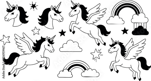 Unicorn and Pegasus fantasy creatures with stars clouds and rainbows vector illustration black and white 