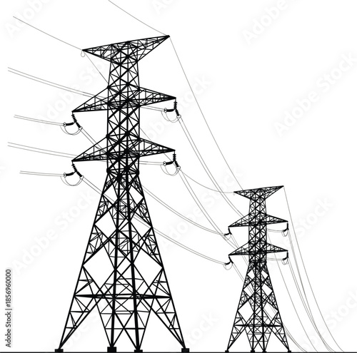 High voltage electric power transmission line towers with steel lattice structures and cables isolated on white background vector illustration.