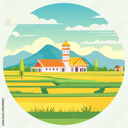 Flat vector illustration of a tranquil village scene with a church building nestled amidst lush green fields and distant mountains under a cloudy sky
