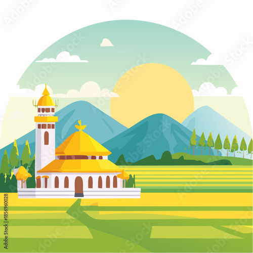 Minimalist flat vector illustration of a serene mosque with a golden roof and tall minaret, bathed in the warm glow of a sunrise over picturesque mountains and lush green fields