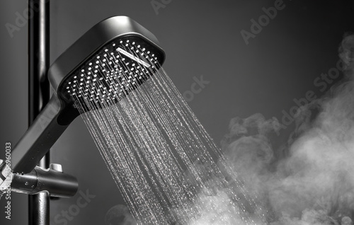 Photos Shower head with running water in black bathroom