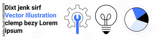 Technology development, innovation, data analysis, problem-solving, business strategy, creative planning. Gear with wrench, lightbulb pie chart. Innovation and technology development concept