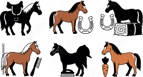Horse silhouettes and brown horses with grooming tools and feeding elements vector illustration 