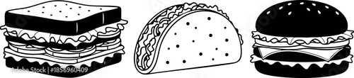 Sandwich taco and burger fast food black and white vector illustration set 