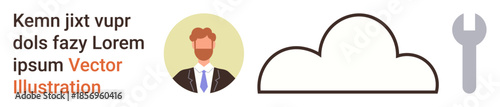 Business tools, cloud services, IT support, online platforms, technology management, digital solutions. A businessman icon, cloud design and wrench tool. Cloud services and IT support concept