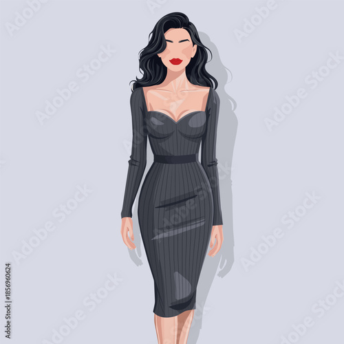 Elegant faceless fashion woman in a black bodycon dress with red lips, modern minimalist vector with soft drop shadow—ideal for posters, branding, social media, editorials, beauty ads.