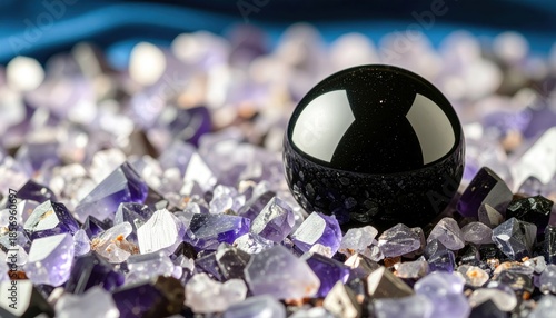 Polished obsidian sphere rests on a bed of crushed amethyst crystals, showcasing deep reflections and rich purple hues.