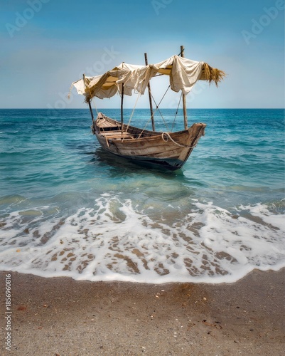 Traditional wooden fishing boat with palm leaf canopy floating in turquoise tropical ocean waters