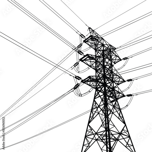 High voltage electric power transmission tower with radiating cable network isolated on white background vector illustration.
