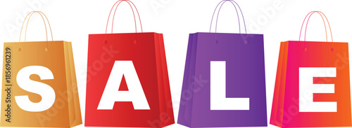 sale shopping bags, four brightly colored shopping bags, arranged in a row spell out the word sale for promotions