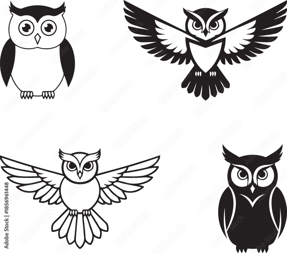 Obraz premium Four Black And White Owl Illustrations In Different Poses And Styles owls bird