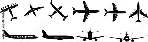 Airplane silhouette icon set showing multiple aircraft views including top, side, and front perspectives, black vector aviation symbols for travel design, airport signage, infographics