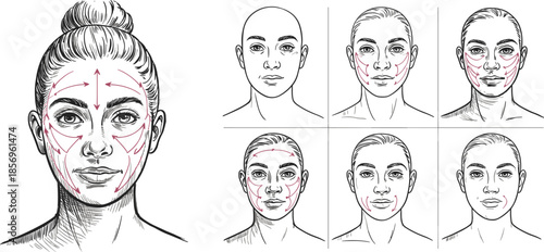 Female face massage and facial lifting diagram set showing skincare massage lines, aesthetic treatment zones, and cosmetic anatomy illustration for beauty, wellness, and medical education use