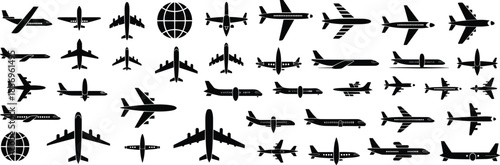 Black airplane silhouette icons with diverse aircraft designs and globe symbols representing aviation, travel, transportation, and global connectivity for creative projects