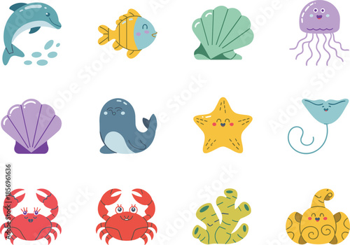Cute sea life cartoon icon set featuring dolphin, fish, shells, jellyfish, whale, starfish, crab, coral, and ocean animals in colorful flat vector style