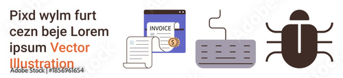 E-commerce, cybersecurity, digital finance, malware protection, technology tools, digital transactions. Invoice document, keyboard and bug icon. Cybersecurity and e-commerce