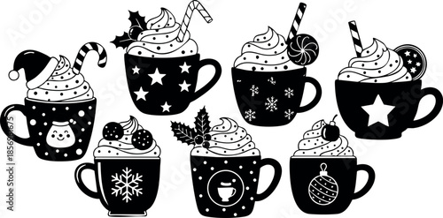 Festive hot chocolate mugs with whipped cream and holiday decorations vector illustration 