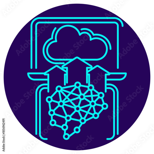 Cloud AI Deployment Icon. Minimalistic neon outline on a dark blue round background. A stylish vector illustration of an AI neural network originating from a laptop, with three upward arrows
