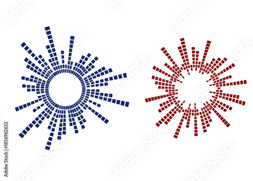 Circular Digital Audio Waveform Equalizer Backgrounds in Blue and Red. Radial Sound Frequency Visualizer Set. circular sound waves