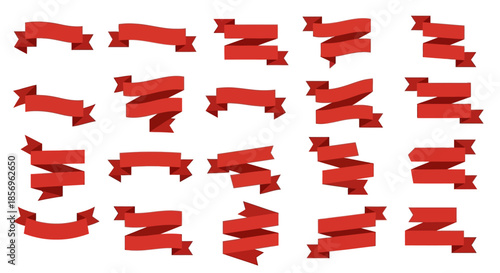 Red ribbons arranged in rows on white background.
