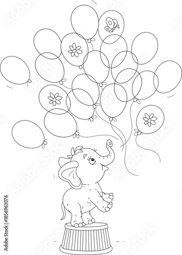 Cute baby elephant launching holiday balloons in a funny circus performance, black and white vector cartoon illustration for a coloring book
