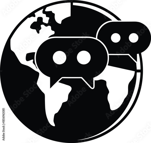 Globe with chat bubbles silhouette vector art illustration and minimal black and white design