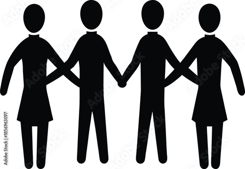 Group holding hands silhouette vector art illustration and minimal black and white design