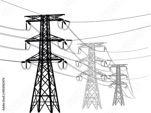 Row of three high voltage electric transmission towers with grayscale depth effect isolated on white background vector illustration.