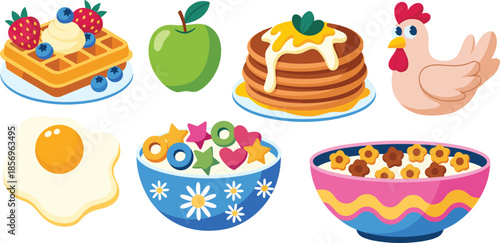 Cartoon breakfast food vector set featuring waffles, pancakes, cereal bowls, fried egg, apple, and chicken in colorful hand-drawn style
