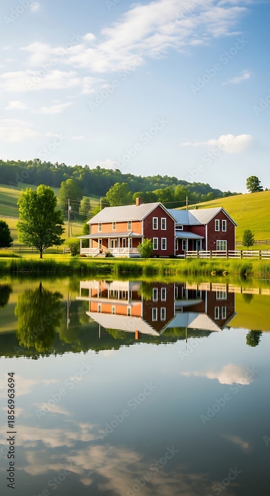 Obraz premium Serene rural landscape with lake house.