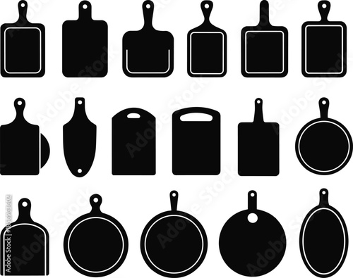 cutting boards and serving boards, diverse kitchenware shapes for culinary design, restaurant branding, product illustration, and food presentation projects