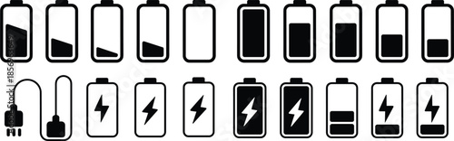 Battery charging icon set showing multiple power levels, lightning symbols, and charger plugs, black vector silhouettes for mobile apps, UI design, energy indicators, and technology interfaces