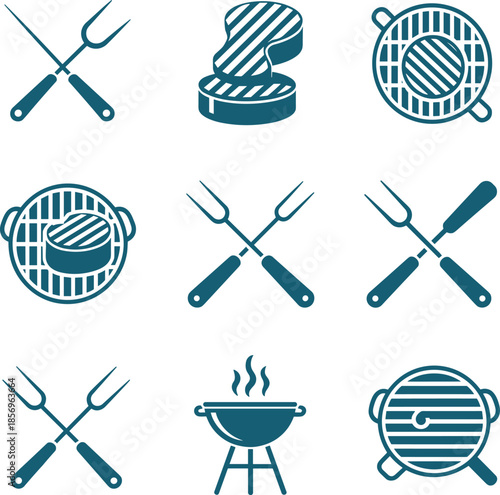 Stylized barbecue and grilling icons featuring meat forks, steaks, grills, and cooking tools for outdoor food preparation, design, and festive projects