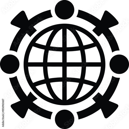 People around globe holding hands silhouette vector art illustration and minimal black and white design